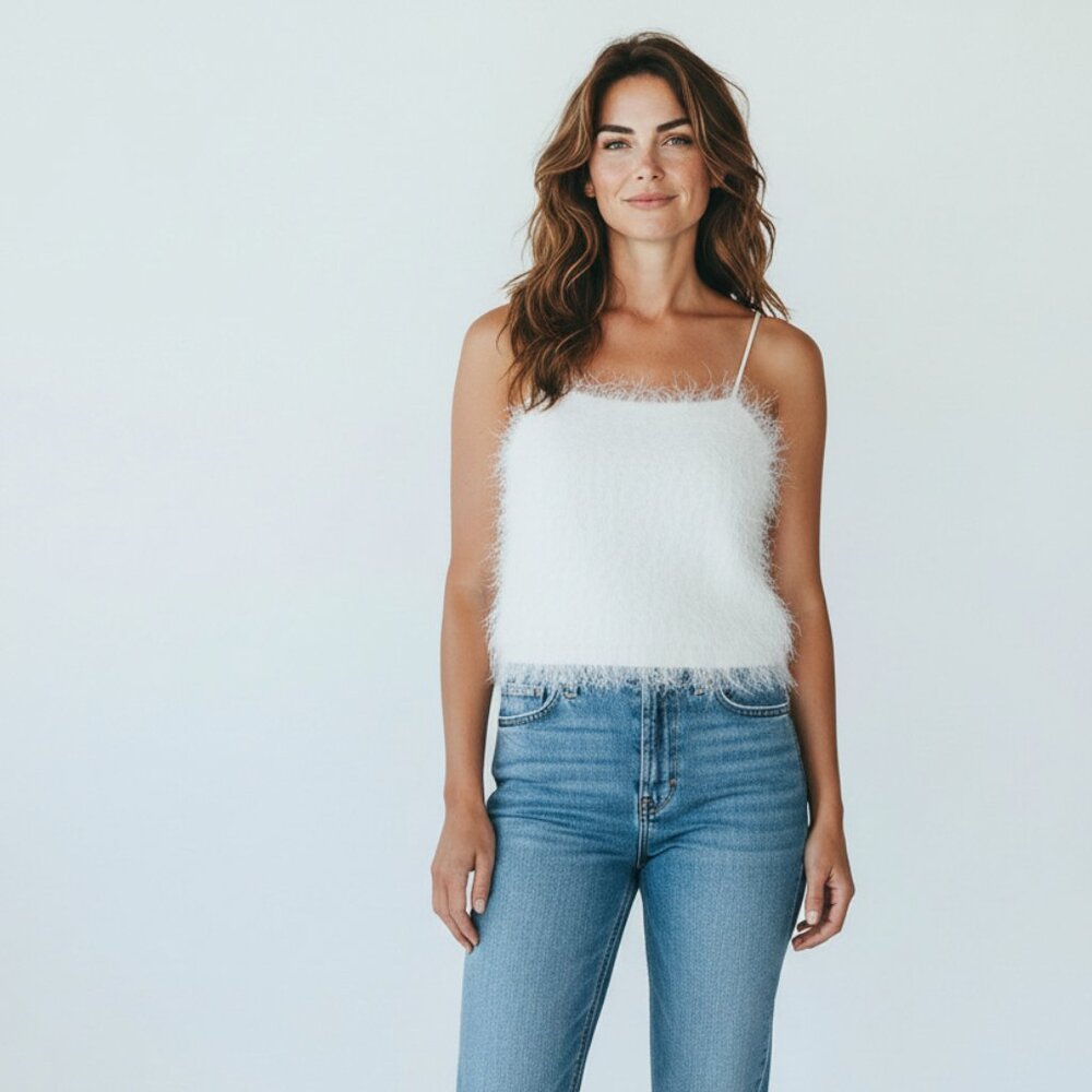 H&M White Fuzzy/Shaggy/Furry Tank Top, Spaghetti Straps, Size XS